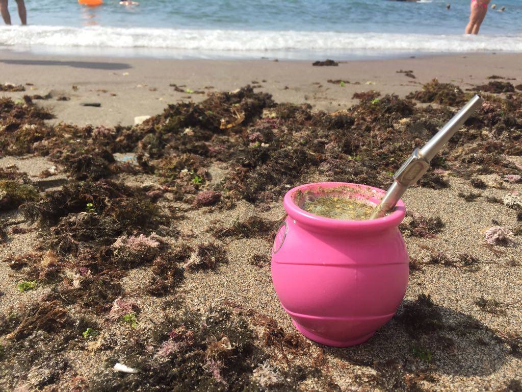 A cup of Yerba Mate hanging out at the beach