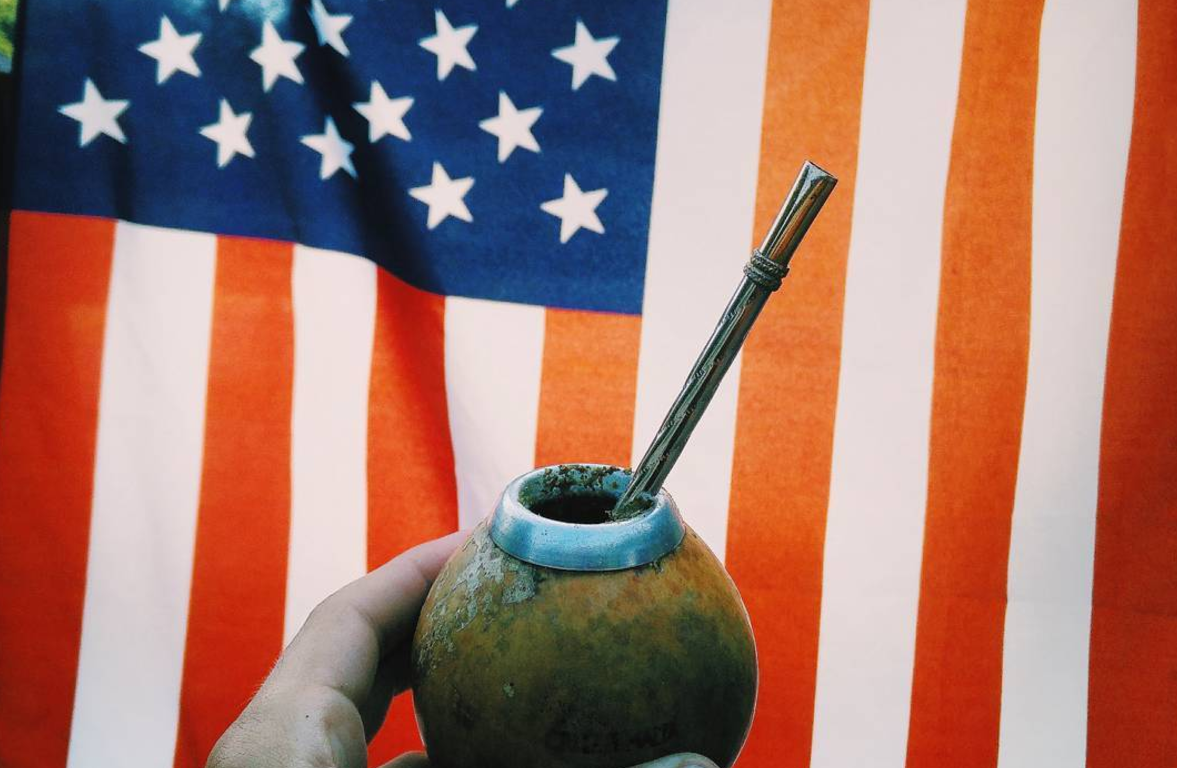 A Yerba Mate gourd with the American flag for a backdrop